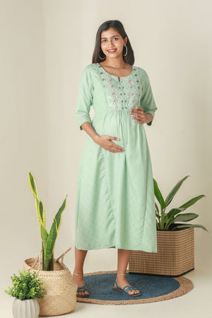 All Over Dobby Weave Maternity Kurta with Floral Embroidered Yoke Green
