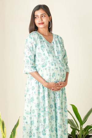 All Over Floral Printed Maternity Dress with Ruffled Yoke Blue
