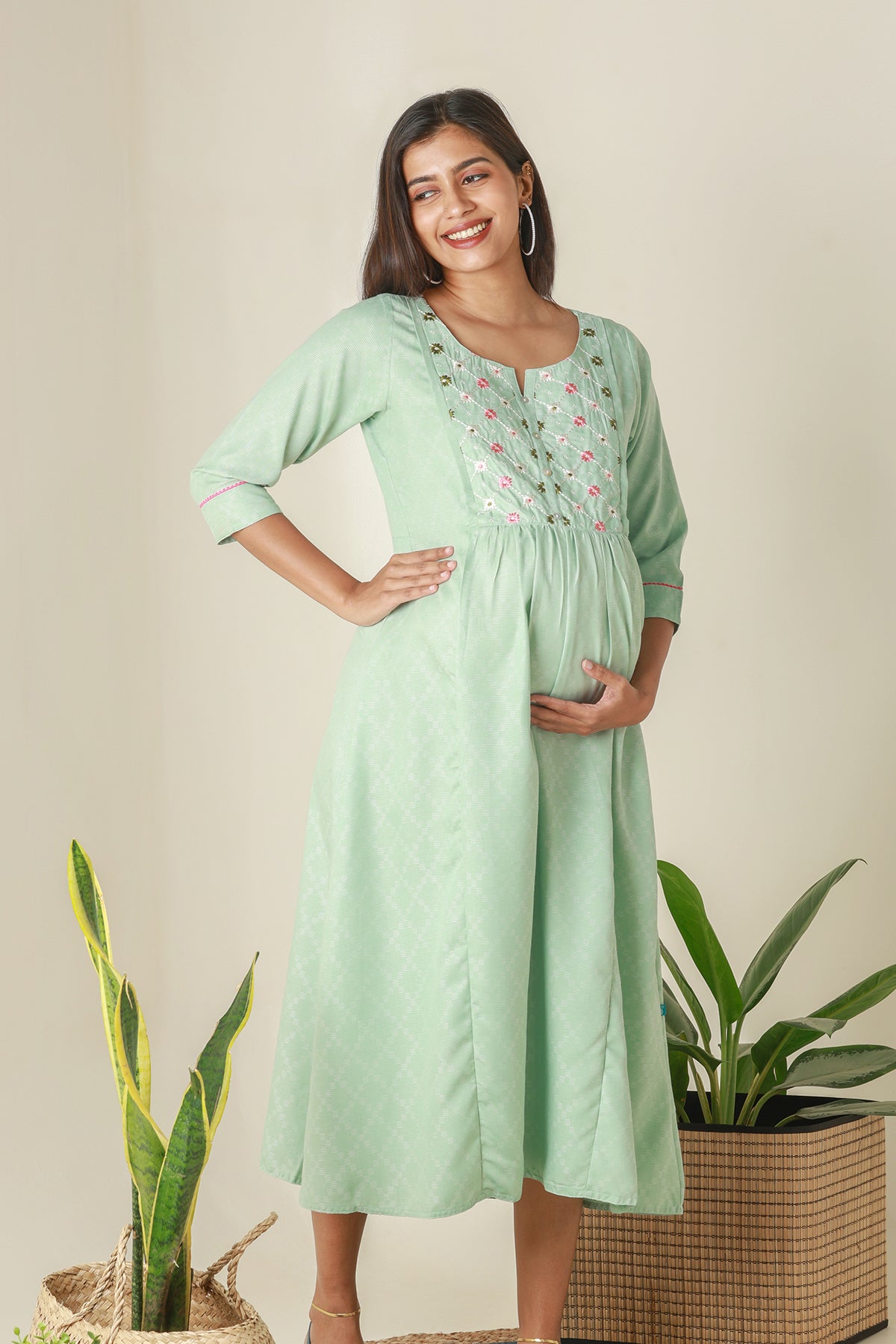 All Over Dobby Weave Maternity Kurta with Floral Embroidered Yoke Green