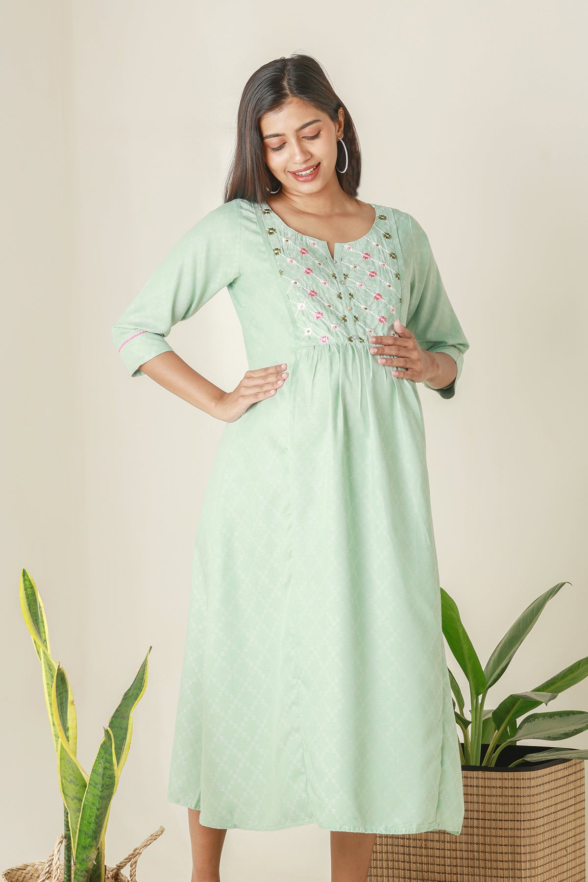 All Over Dobby Weave Maternity Kurta with Floral Embroidered Yoke Green
