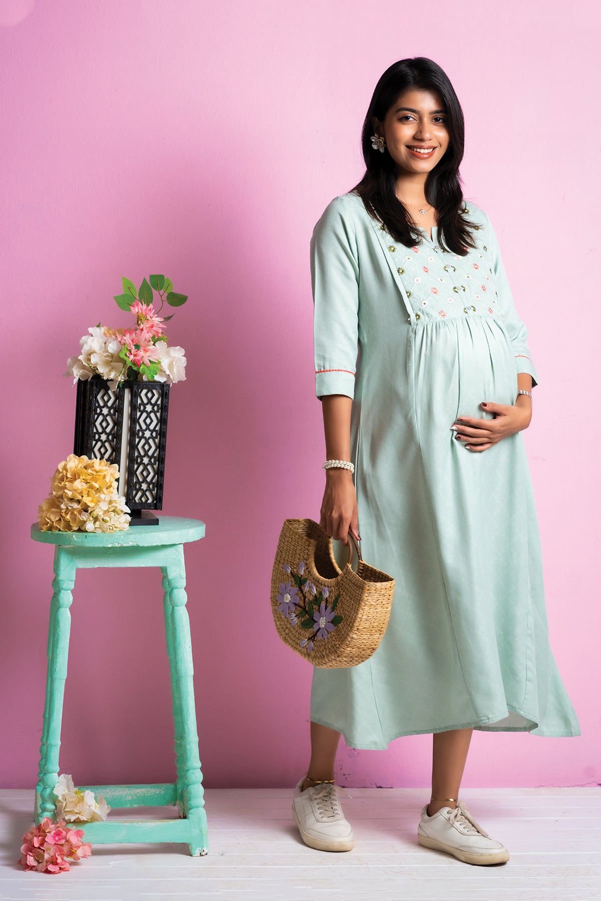 All Over Dobby Weave Maternity Kurta with Floral Embroidered Yoke Green