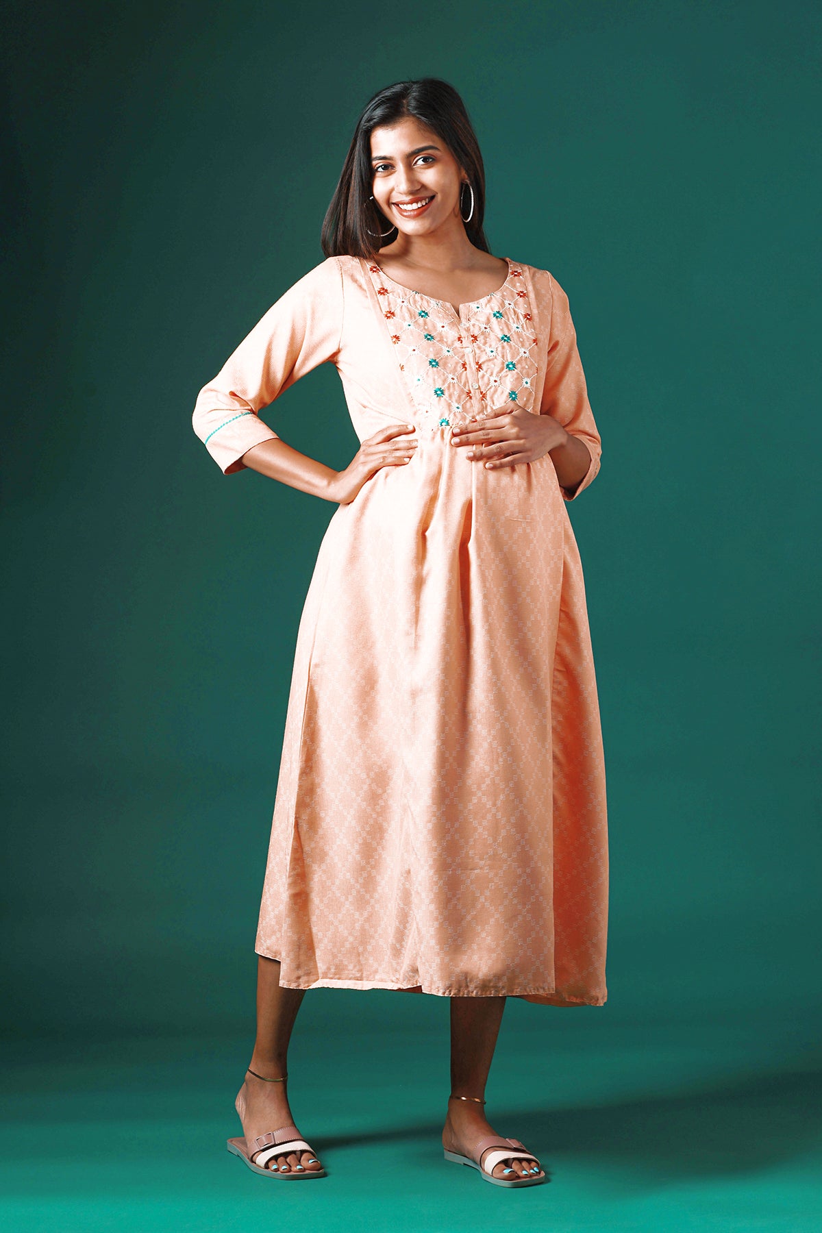 All Over Textured Maternity Kurta with Floral Embroidered Yoke Peach
