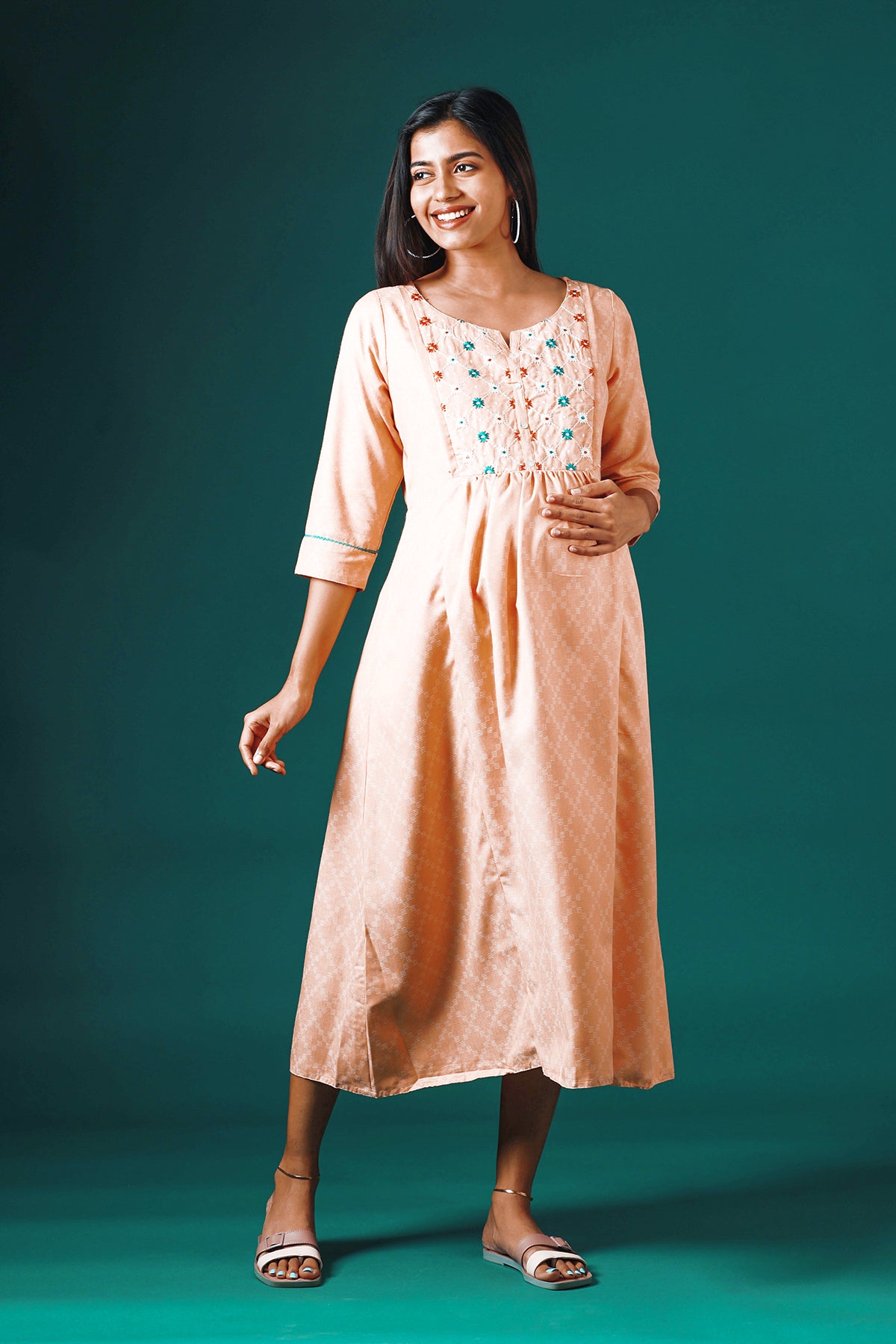 All Over Textured Maternity Kurta with Floral Embroidered Yoke Peach