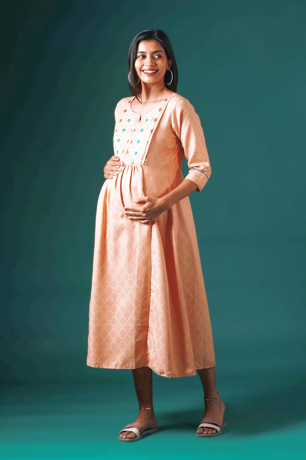 All Over Textured Maternity Kurta with Floral Embroidered Yoke Peach