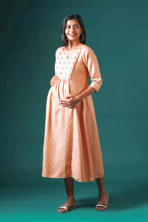 All Over Textured Maternity Kurta with Floral Embroidered Yoke Peach