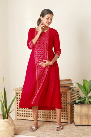 Breezy Printed Maternity Kurta Red