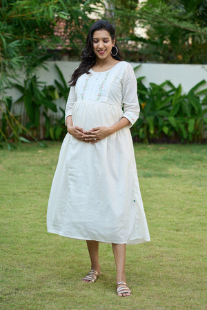 Breezy A Line Maternity Kurta with Embroidery Lace Embellishment Off White
