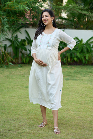 Breezy A Line Maternity Kurta with Embroidery Lace Embellishment Off White
