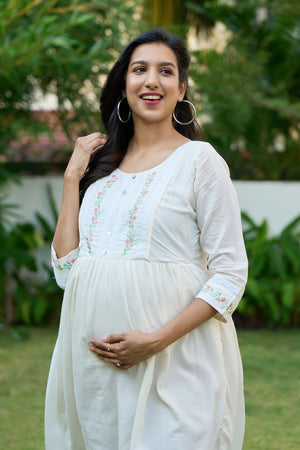 Breezy A Line Maternity Kurta with Embroidery Lace Embellishment Off White
