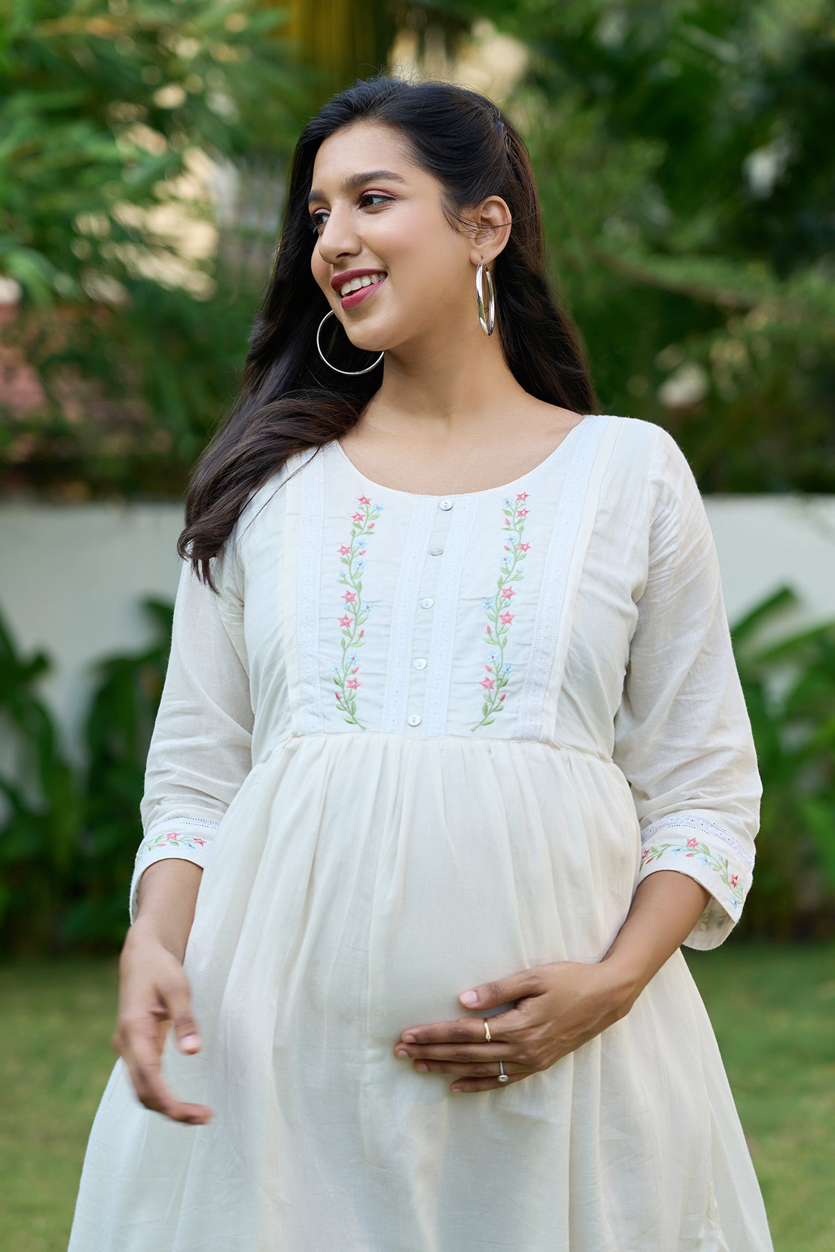 Breezy A Line Maternity Kurta with Embroidery Lace Embellishment Off White