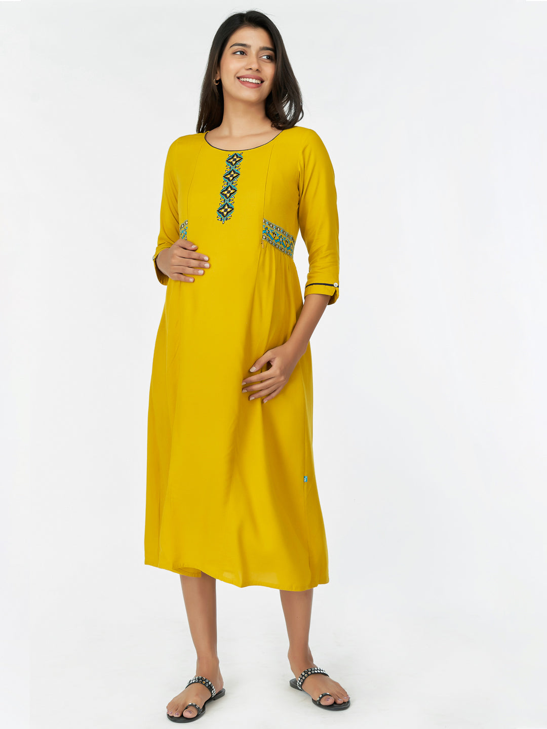 Geometric Embroidered  A-Line Kurta - Yellow