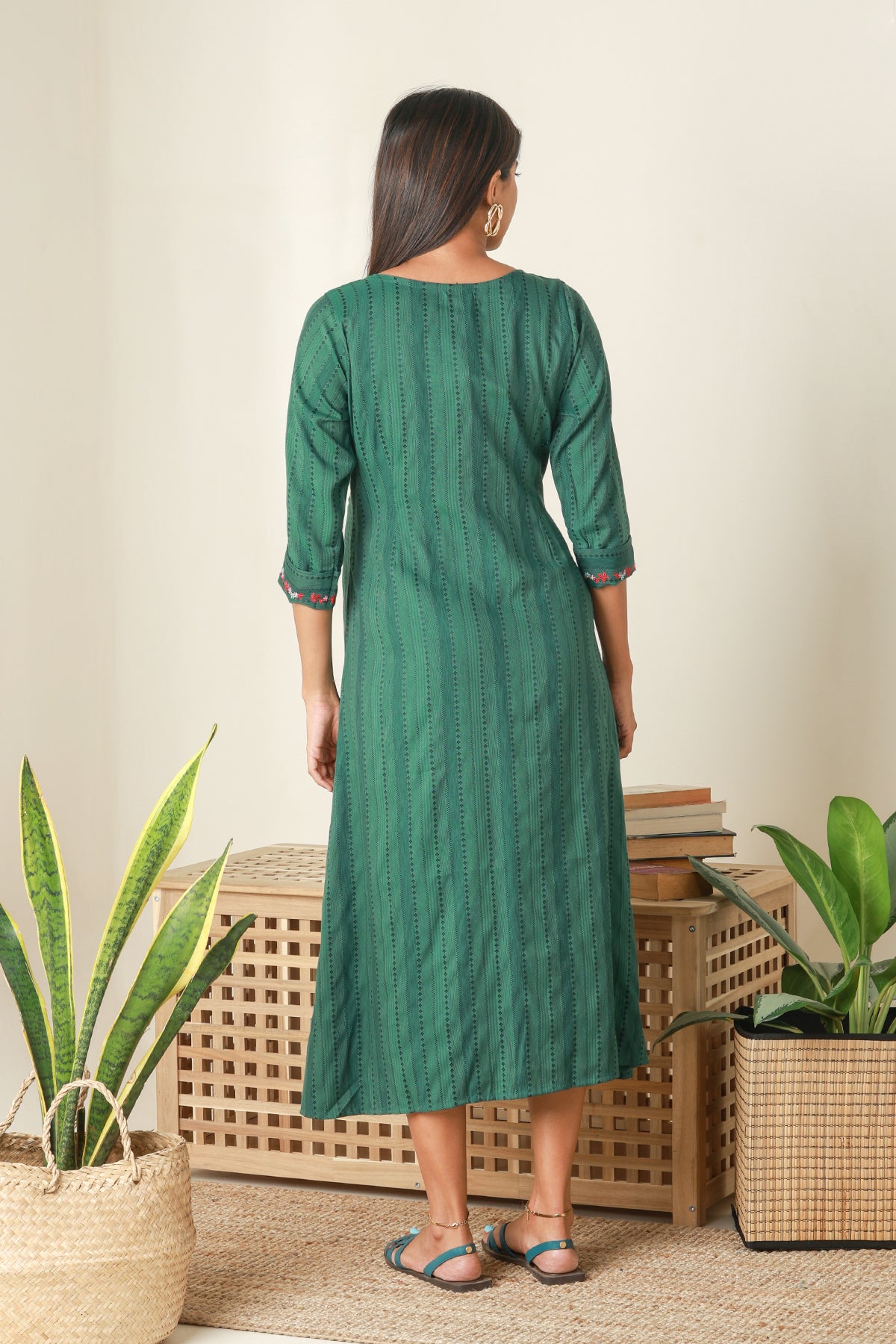 Textured Maternity Kurta with Yoke Embroidery Green
