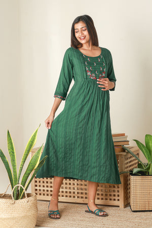 Textured Maternity Kurta with Yoke Embroidery Green
