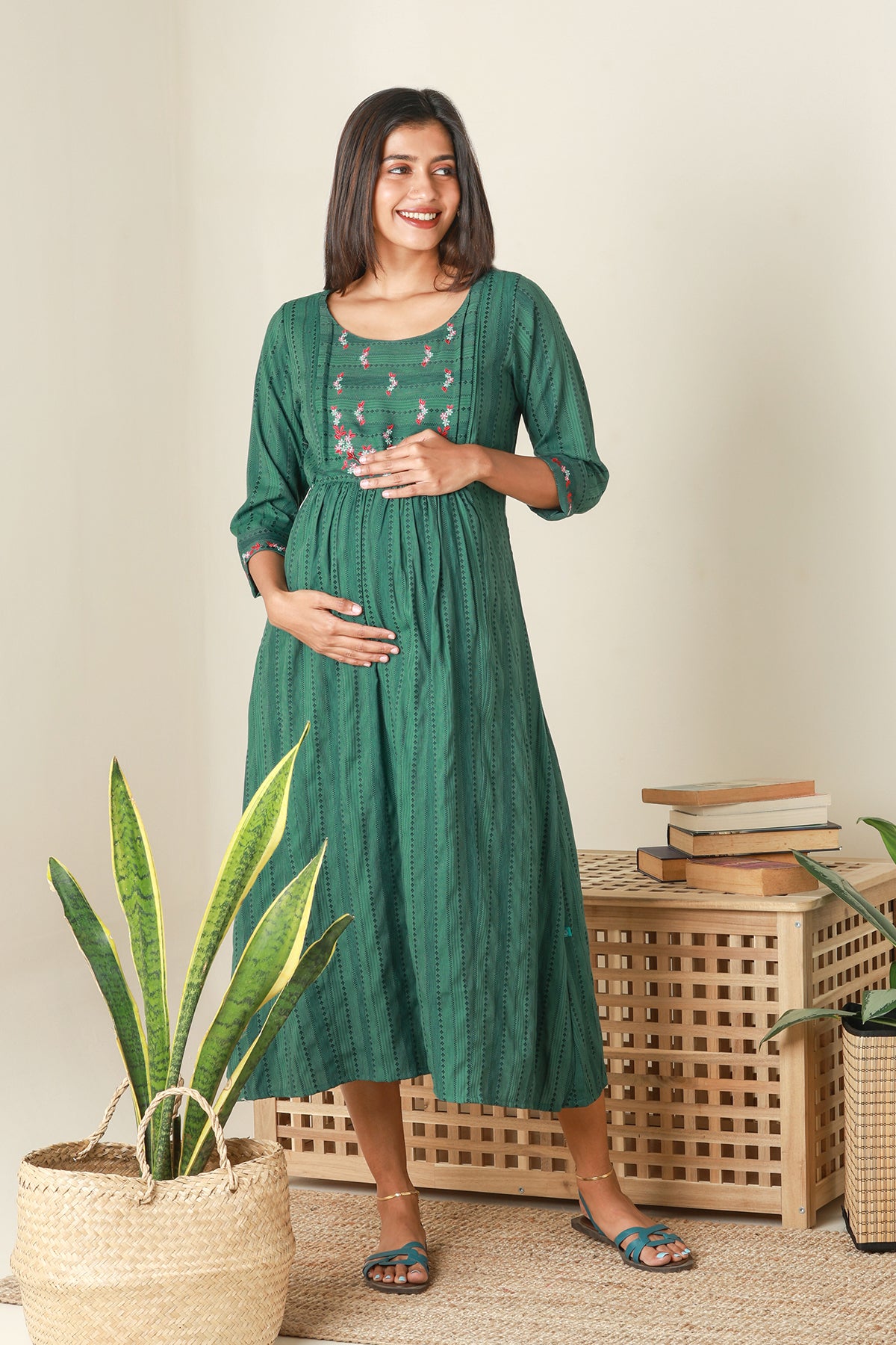 Textured Maternity Kurta with Yoke Embroidery Green
