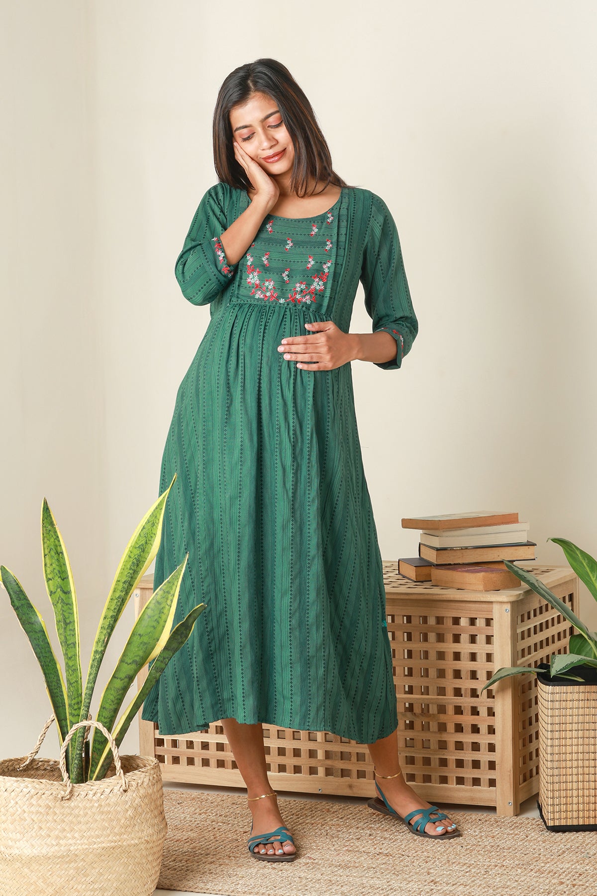 Textured Maternity Kurta with Yoke Embroidery Green