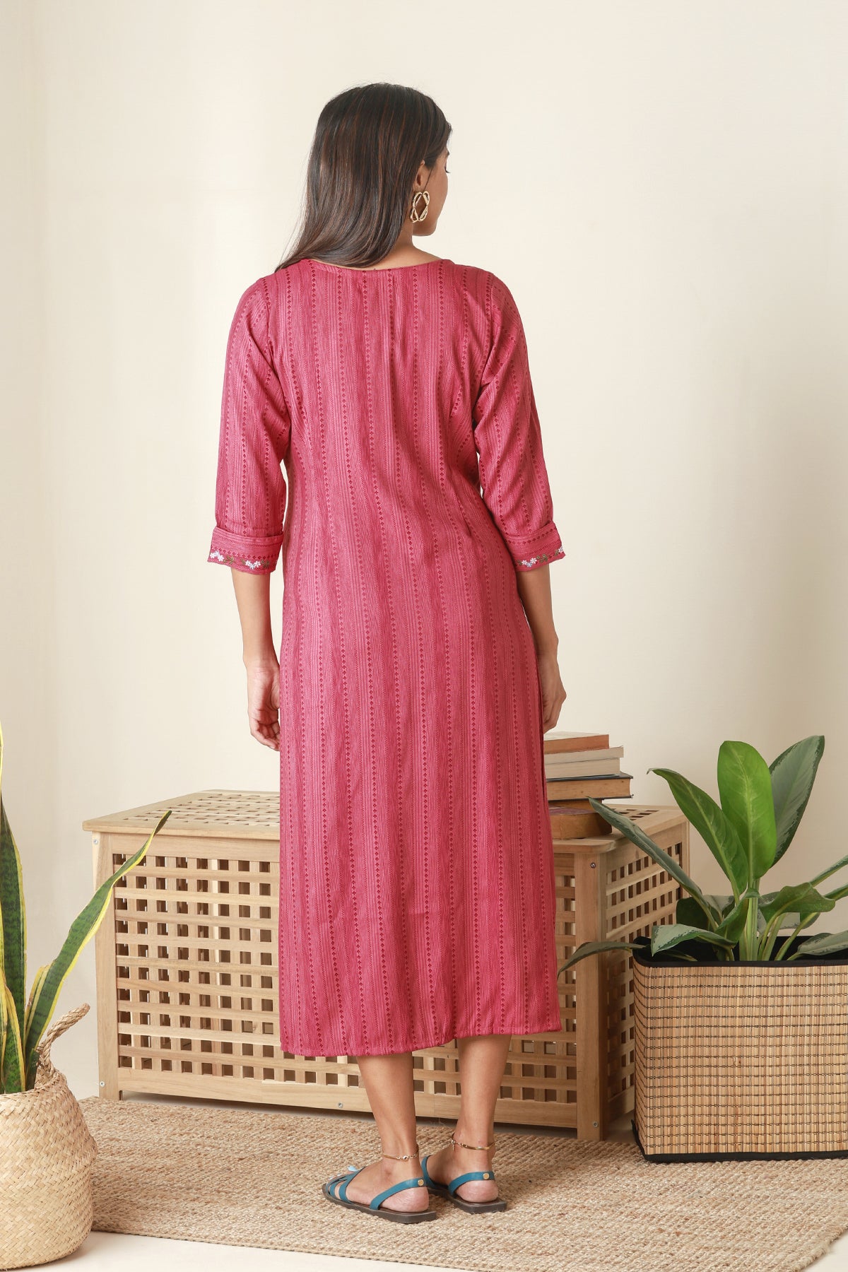 Textured Maternity Kurta with Yoke Embroidery Pink
