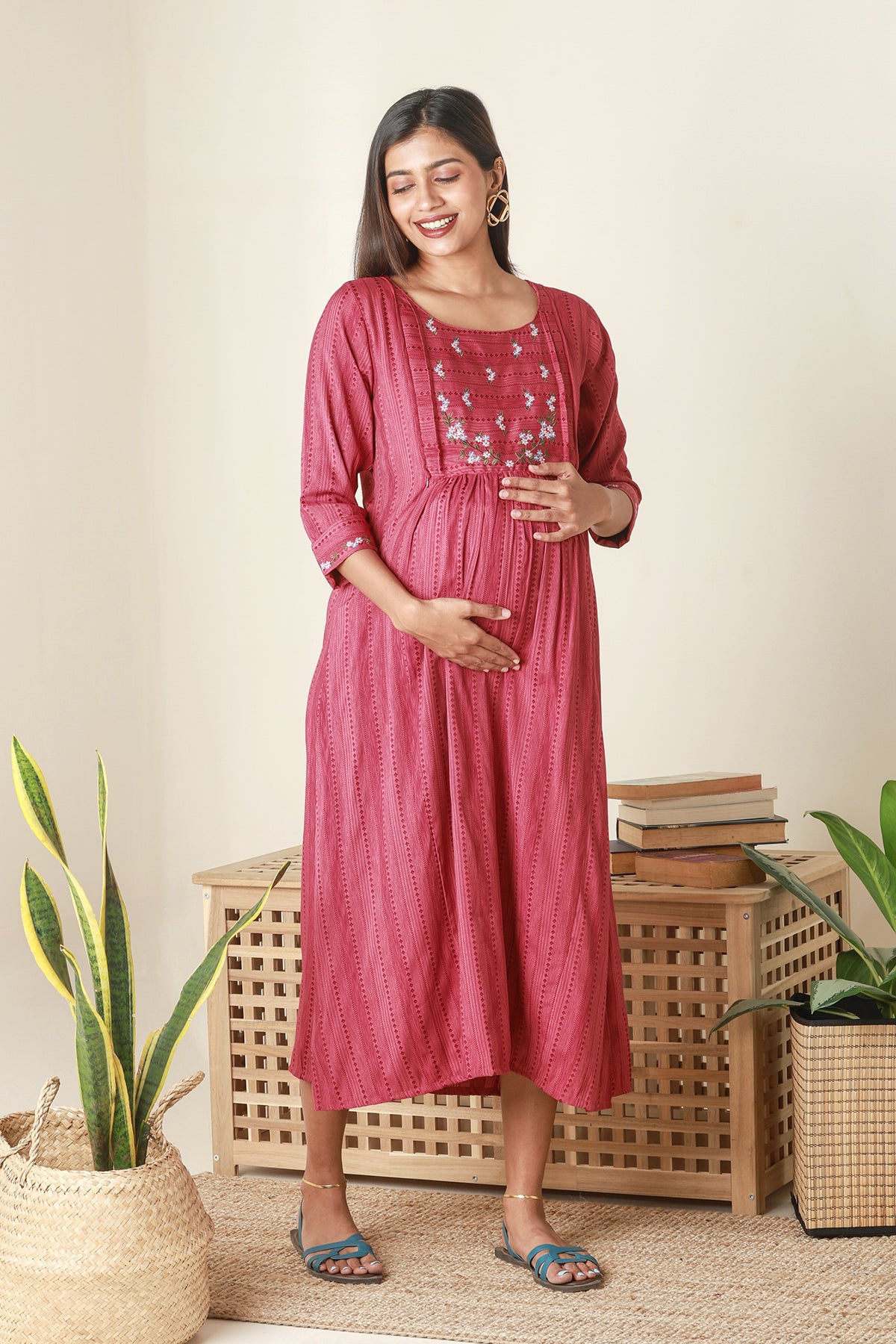 Textured Maternity Kurta with Yoke Embroidery Pink
