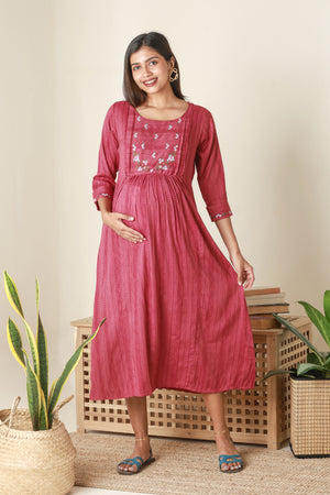 Textured Maternity Kurta with Yoke Embroidery Pink
