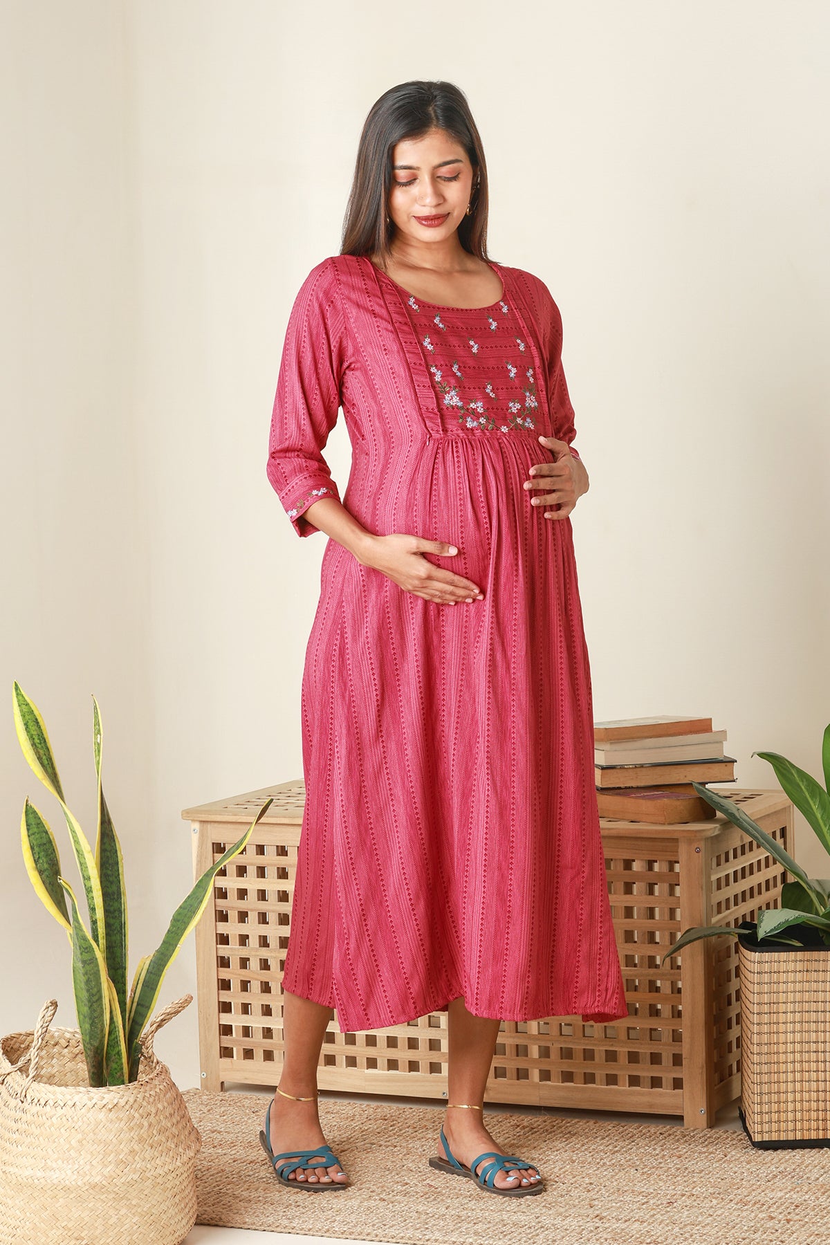 Textured Maternity Kurta with Yoke Embroidery Pink