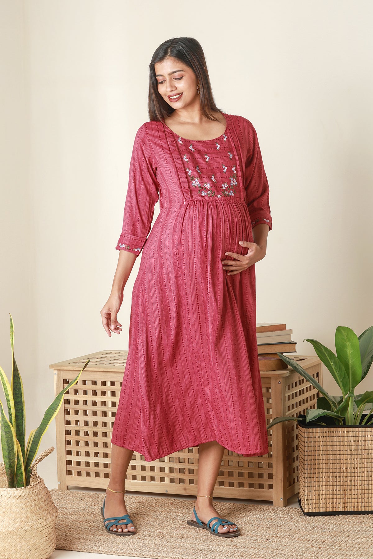 Textured Maternity Kurta with Yoke Embroidery Pink
