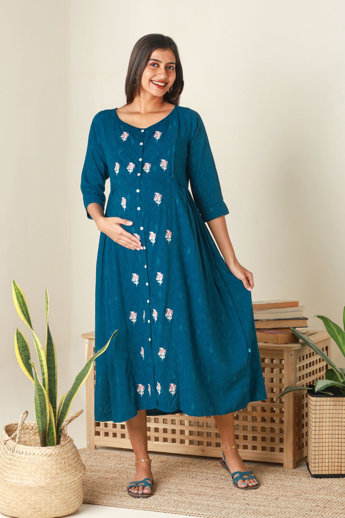 Floral Embroidered Maternity Kurta Blue
