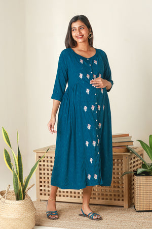 Floral Embroidered Maternity Kurta Blue