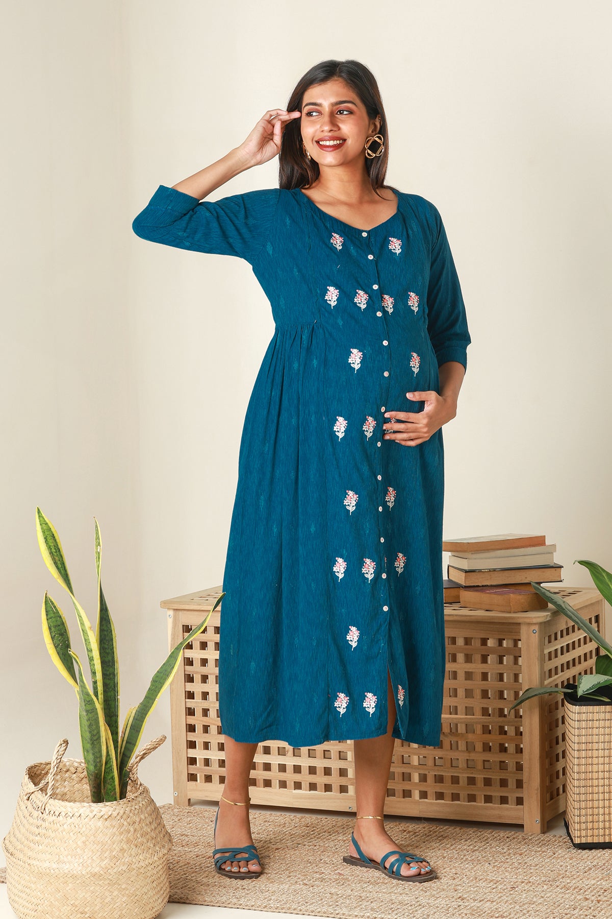 Floral Embroidered Maternity Kurta Blue
