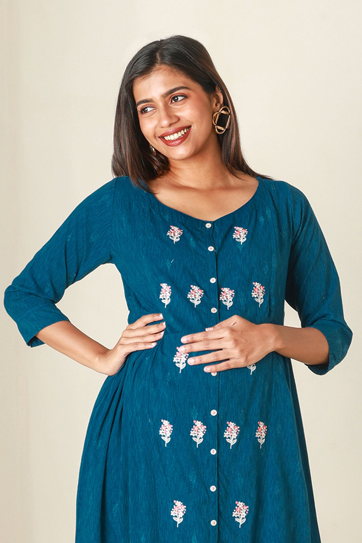 Floral Embroidered Maternity Kurta Blue
