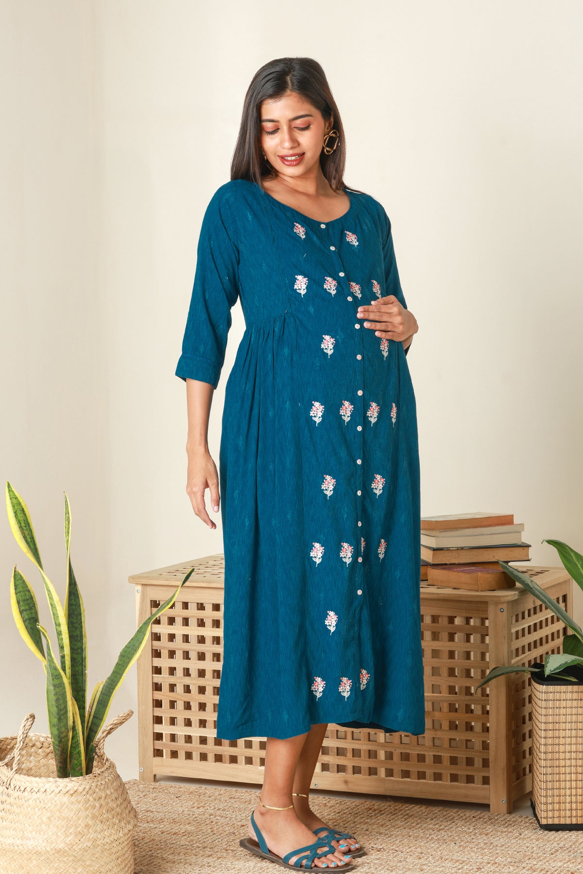 Floral Embroidered Maternity Kurta Blue