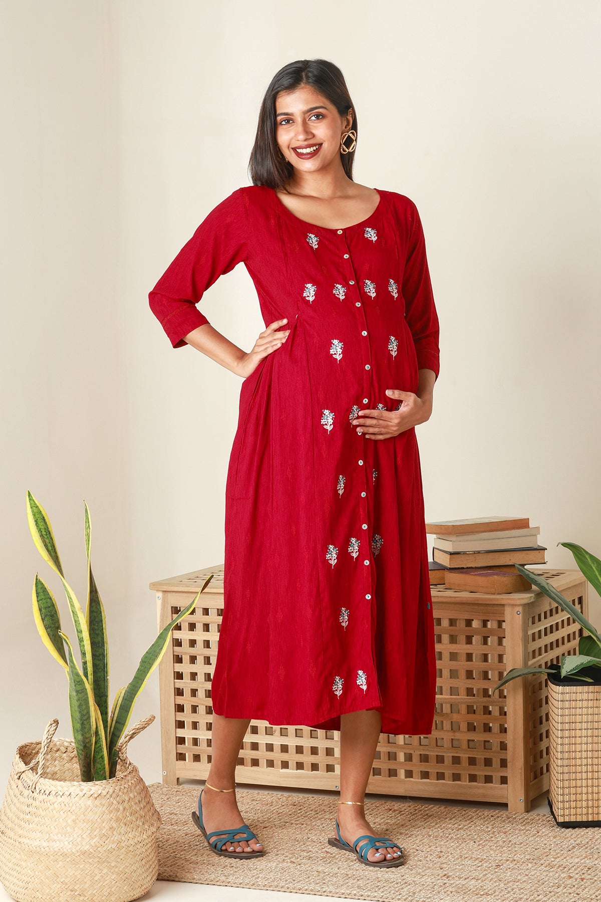 Floral Embroidered Maternity Kurta Red
