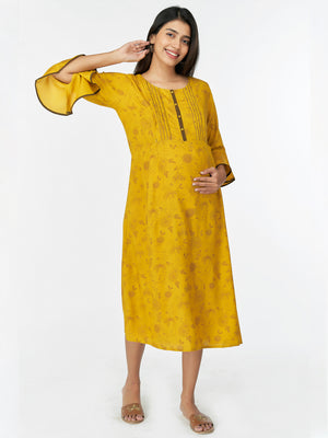 Abstract Floral Printed A Line Kurta Yellow