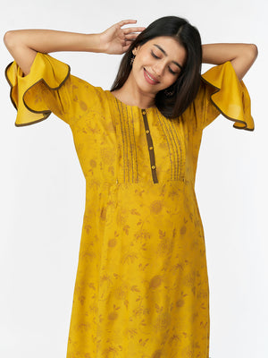 Abstract Floral Printed A Line Kurta Yellow