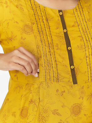 Abstract Floral Printed A Line Kurta Yellow