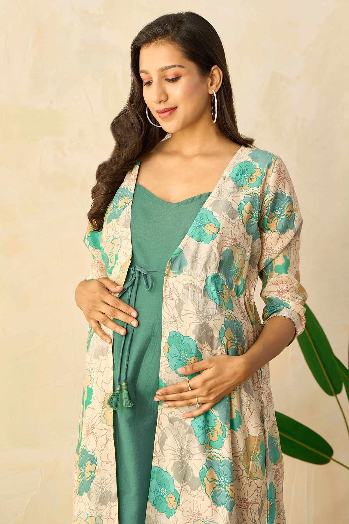 Floral Printed Jacket with Spaghetti Maternity Dress - Green