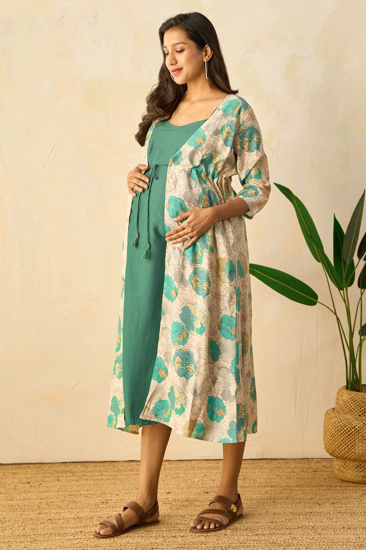 Floral Printed Jacket with Spaghetti Maternity Dress - Green
