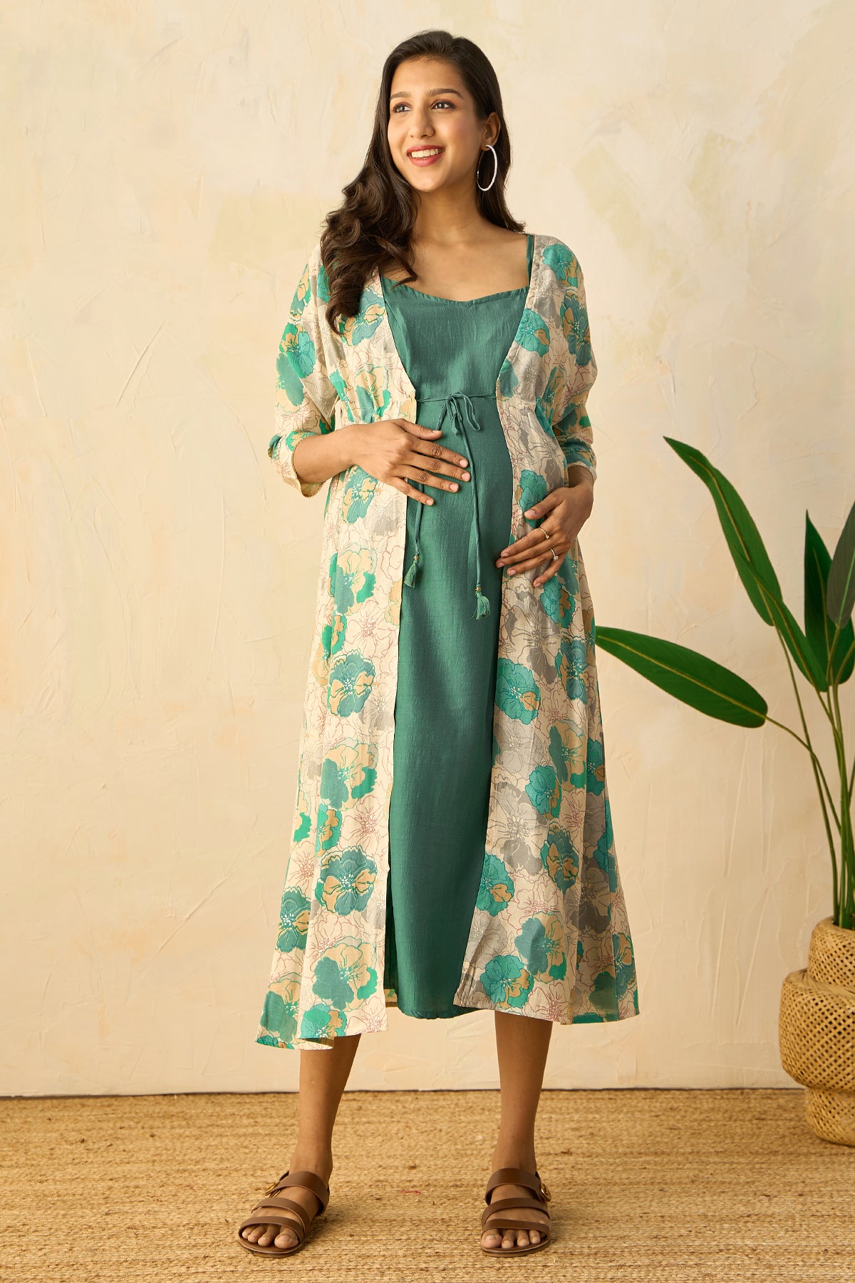 Floral Printed Jacket with Spaghetti Maternity Dress - Green
