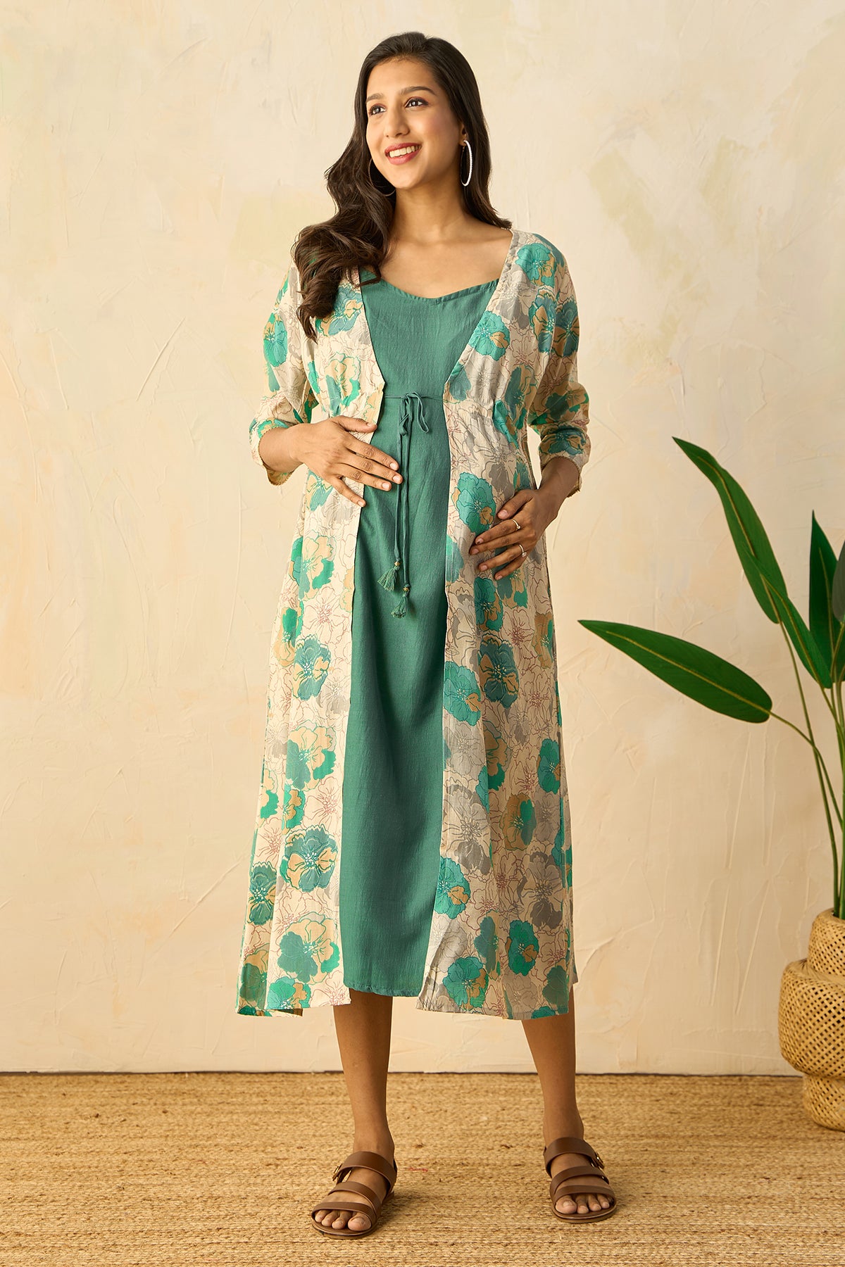 Floral Printed Jacket with Spaghetti Maternity Dress - Green