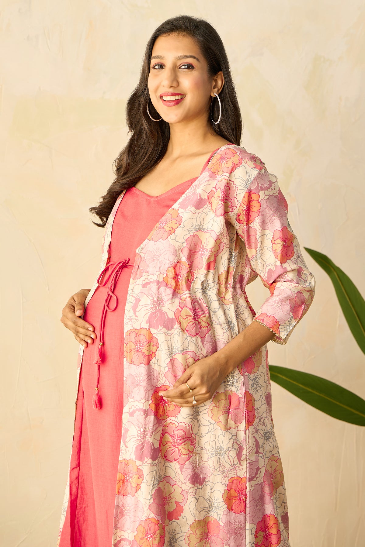 Floral Printed Jacket with Spaghetti Maternity Dress - Peach
