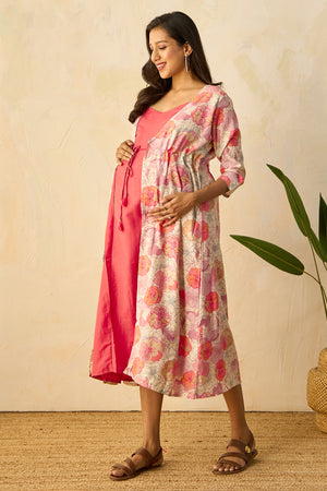 Floral Printed Jacket with Spaghetti Maternity Dress - Peach