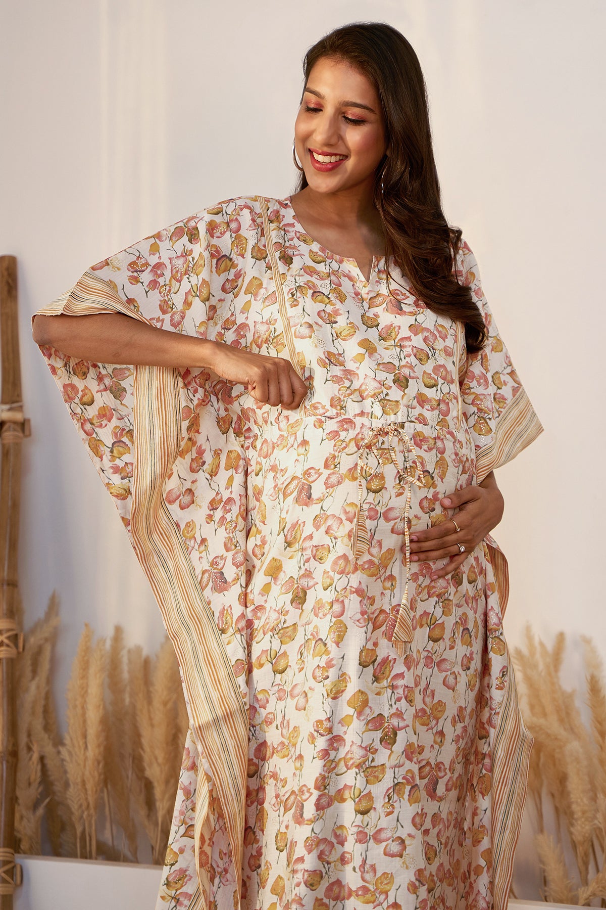 Floral Printed A-line Maternity Kaftan - Yellow