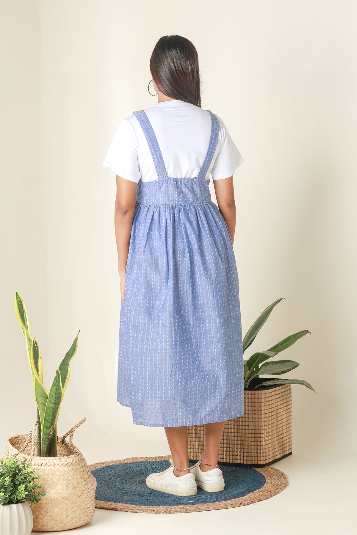 Dungaree Maternity Dress with Ditsy Embroidered Yoke Blue
