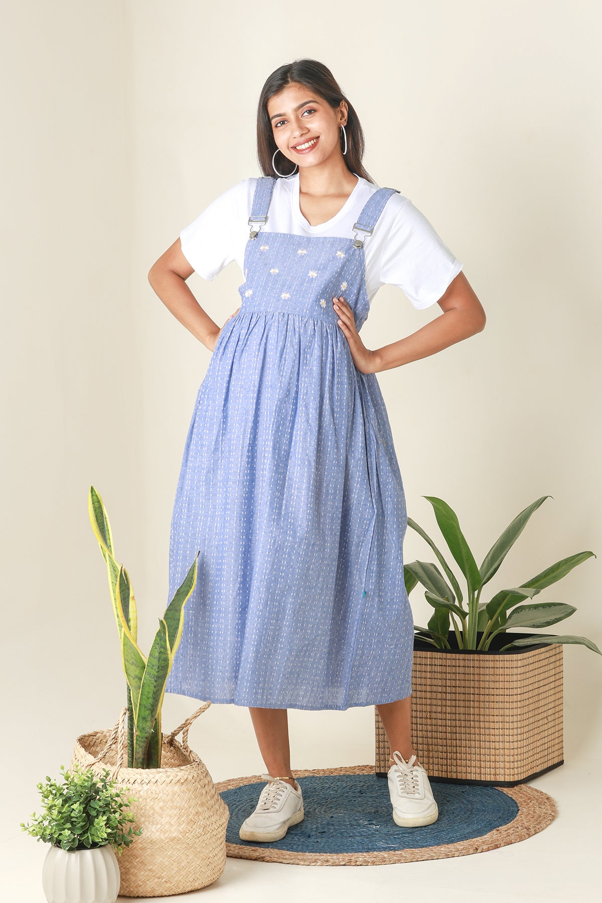 Dungaree Maternity Dress with Ditsy Embroidered Yoke Blue
