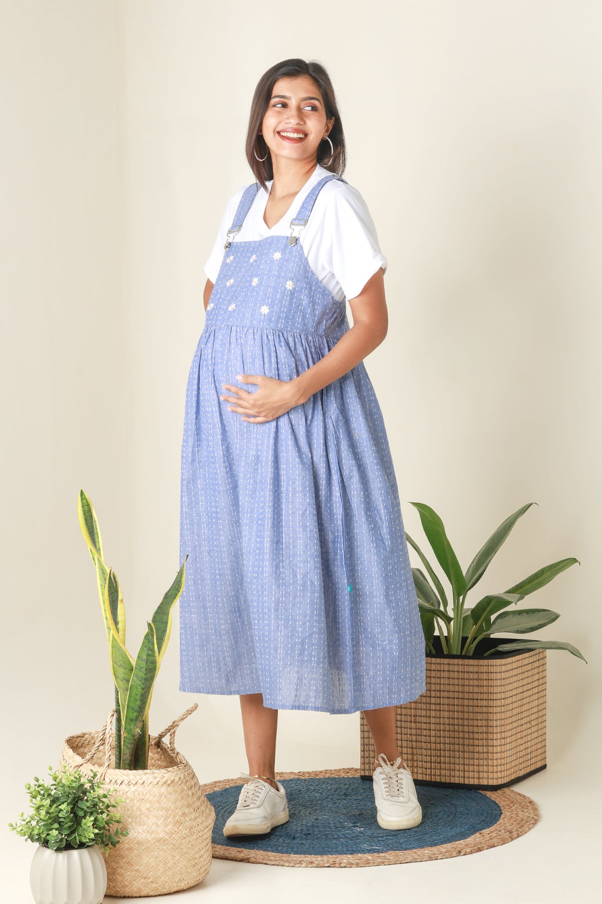 Dungaree Maternity Dress with Ditsy Embroidered Yoke Blue
