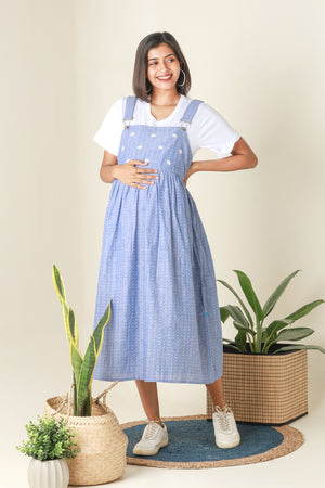 Dungaree Maternity Dress with Ditsy Embroidered Yoke Blue
