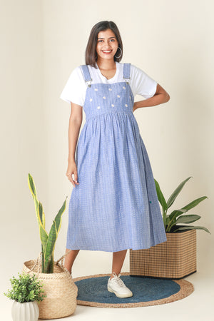 Dungaree Maternity Dress with Ditsy Embroidered Yoke Blue
