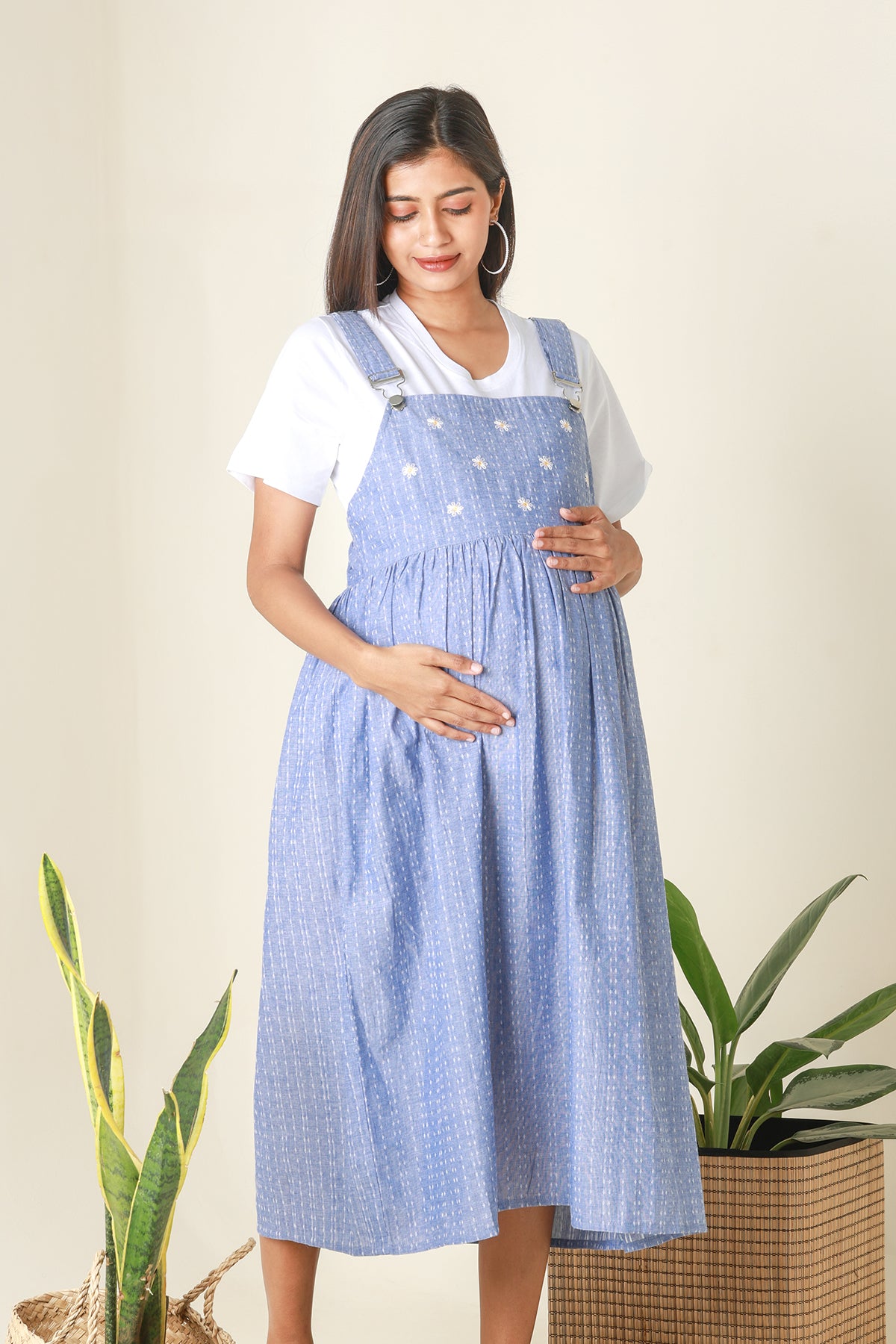 Dungaree Maternity Dress with Ditsy Embroidered Yoke Blue
