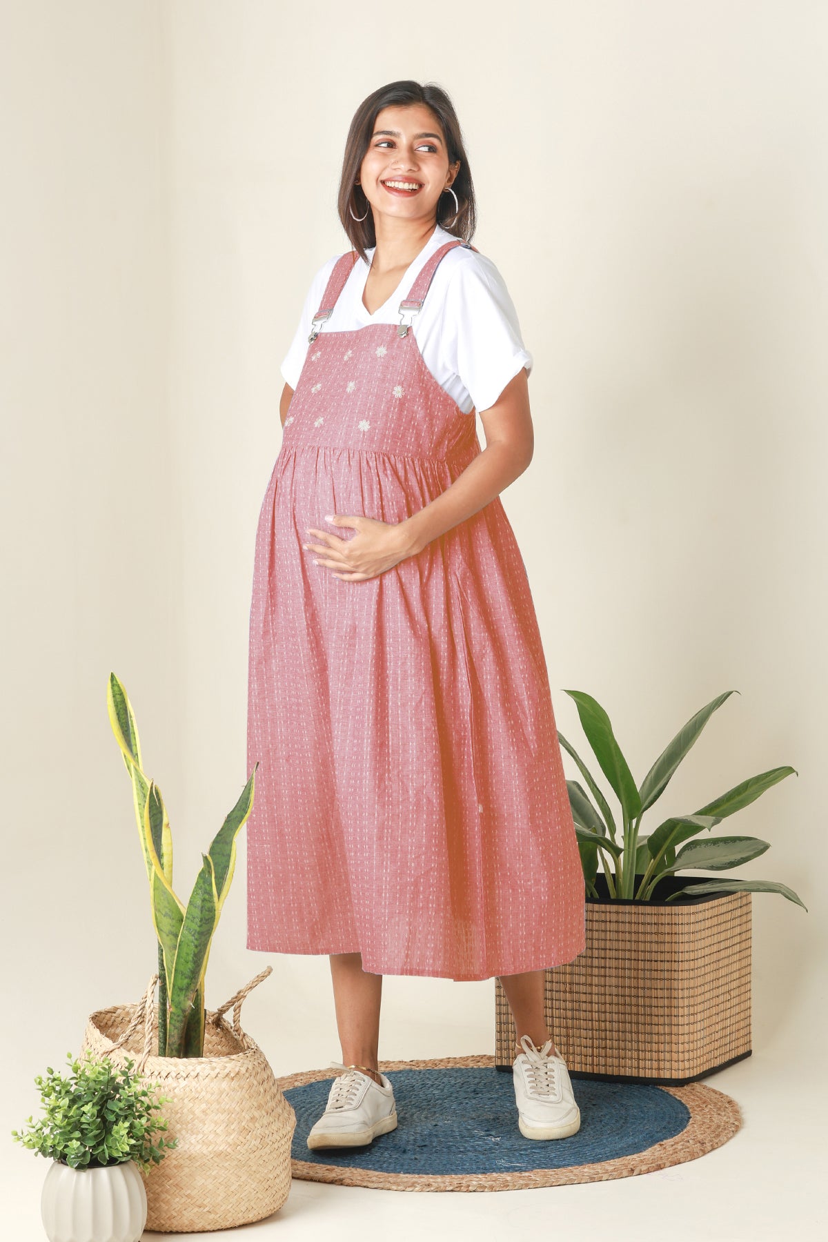 Dungaree Maternity Dress with Ditsy Embroidered Yoke Peach
