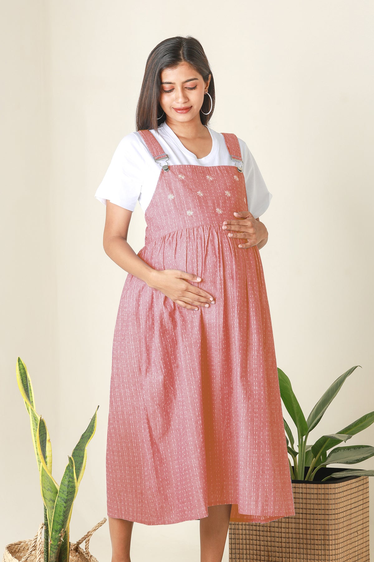 Dungaree Maternity Dress with Ditsy Embroidered Yoke Peach
