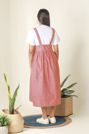 Dungaree Maternity Dress with Ditsy Embroidered Yoke Peach
