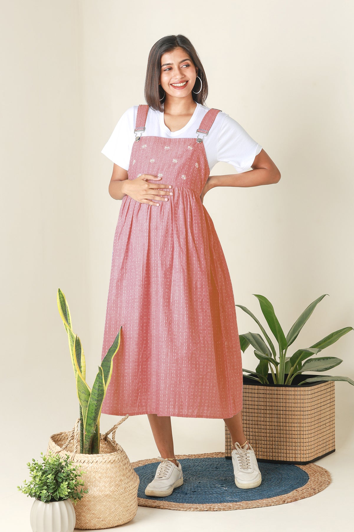 Dungaree Maternity Dress with Ditsy Embroidered Yoke Peach
